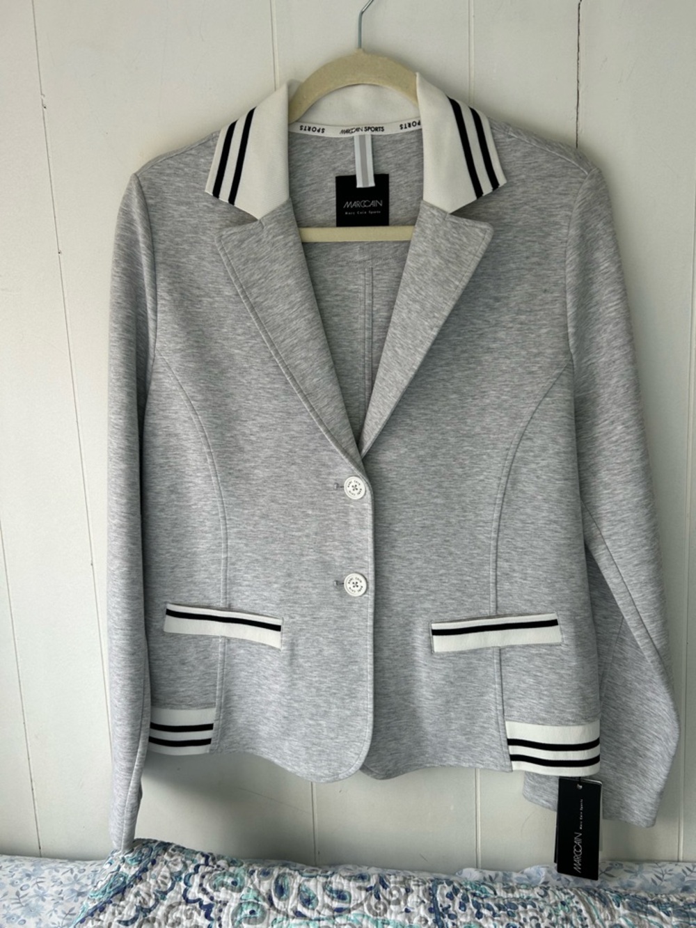 Marc Cain Grey Knit Blazer with Black & White Striped Trim